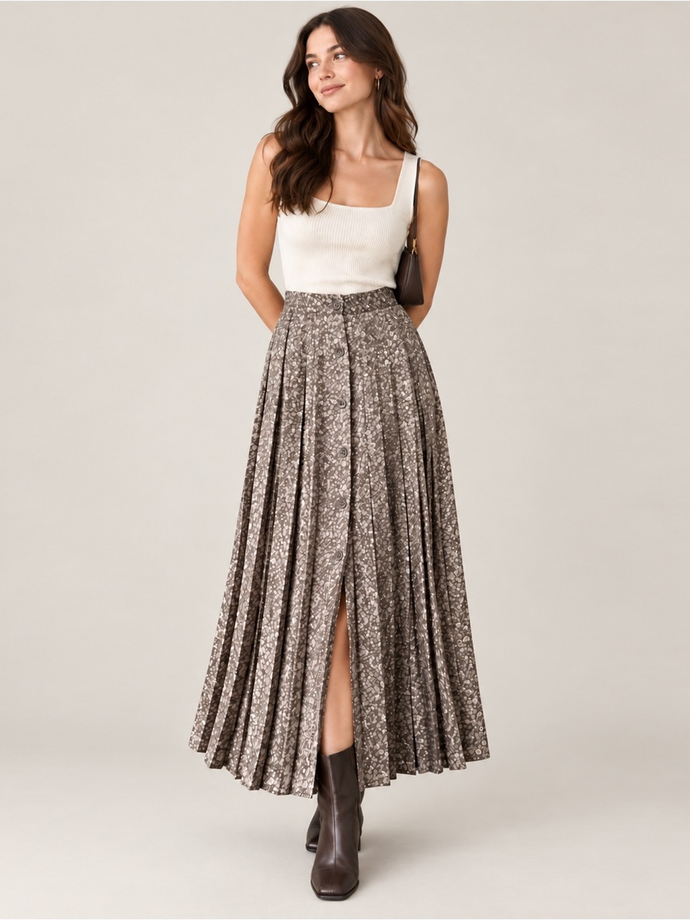Vintage Harvé Benard - 100% Silk Pleated Button Front Maxi Skirt - Taupe Brown
